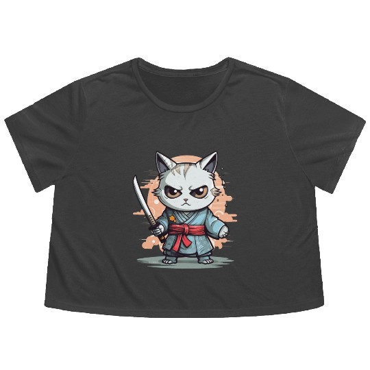 Cute Samurai Cat Kawaii Japanese Ronin Aesthetic A Flowy Cropped Tees