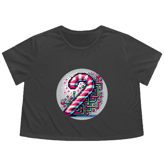 Neon Cyberpunk Candy Cane 8-Bit Pixel Christmas Flowy Cropped Tees