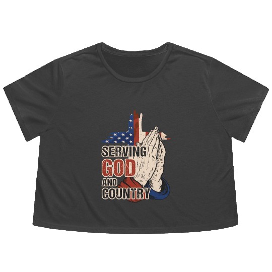 Serving God And Country US Flag Cross Patriotic Ch Flowy Cropped Tees