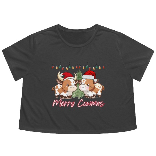 Merry Cowmas - Christmas cow cute funny cow Xmas Flowy Cropped Tees