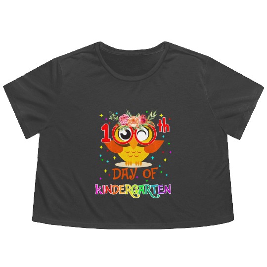 Cute 100Th Day Of Kindergarten Owl Lover 100 Days Flowy Cropped Tees