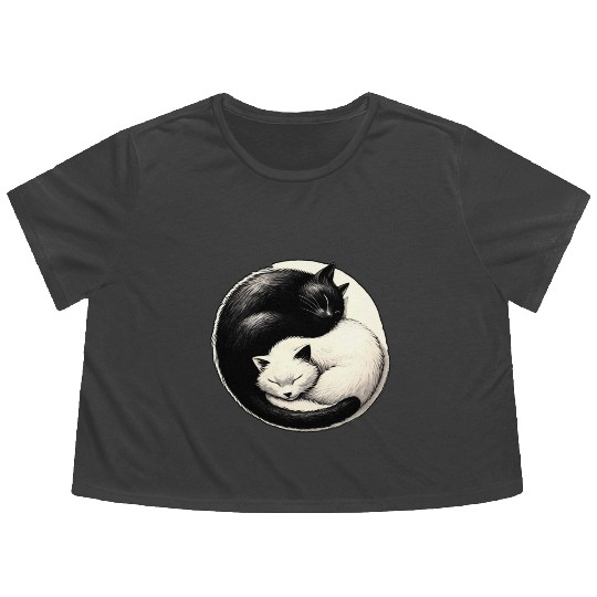 Yin and yang cats sleeping Flowy Cropped Tees