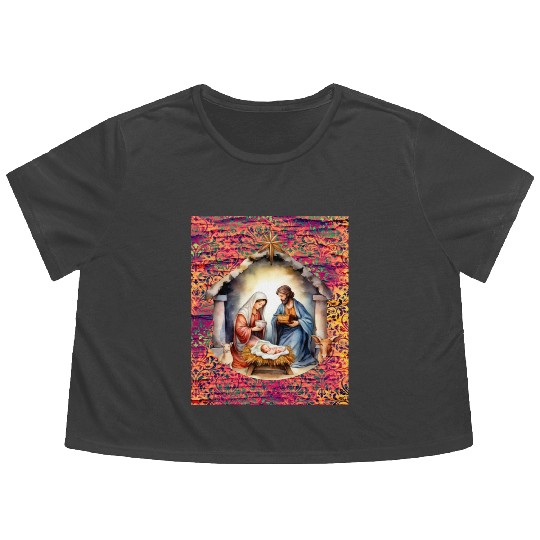 Nativity scene with Mary Joseph Baby Jesus Flowy Cropped Tees