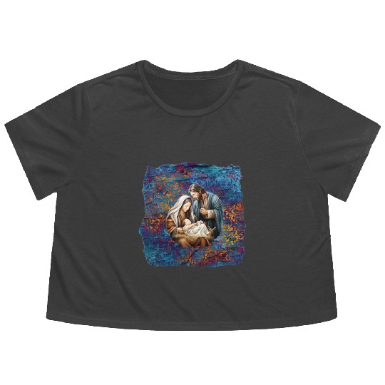 Nativity scene with Mary Joseph Baby Jesus Flowy Cropped Tees