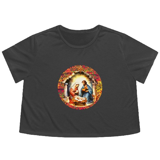 Nativity scene with Mary Joseph Baby Jesus Flowy Cropped Tees