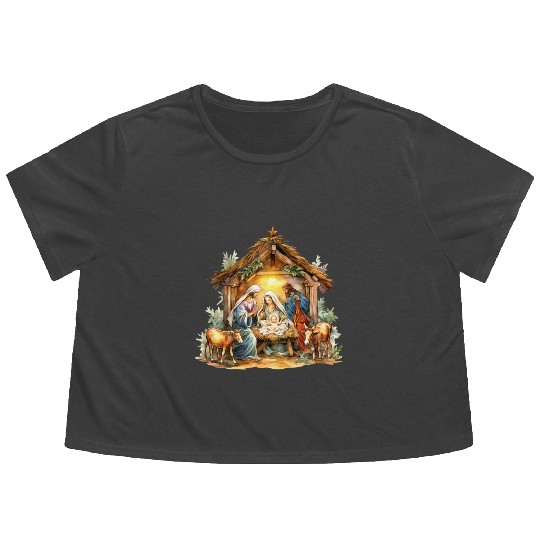 Nativity scene with Mary Joseph Baby Jesus Flowy Cropped Tees