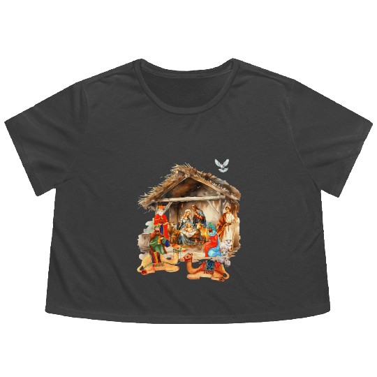 Nativity scene with Mary Joseph Baby Jesus Flowy Cropped Tees