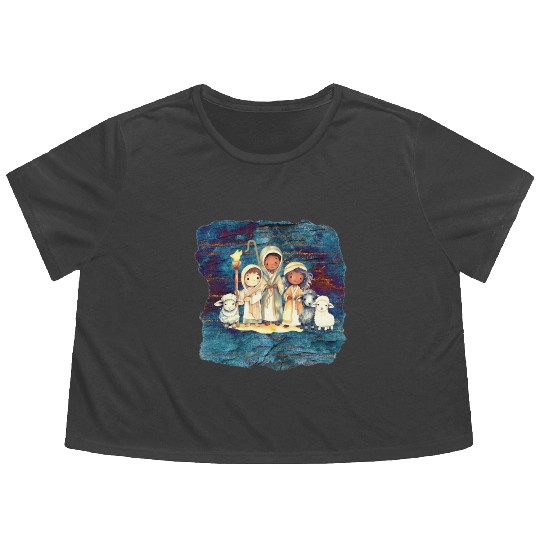 Christmas Nativity Scene Shepherds and Sheep Flowy Cropped Tees
