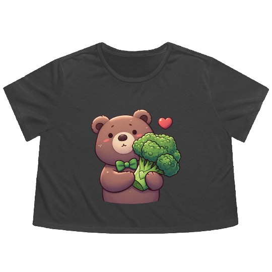 Bear in love hugs huge broccoli Flowy Cropped Tees