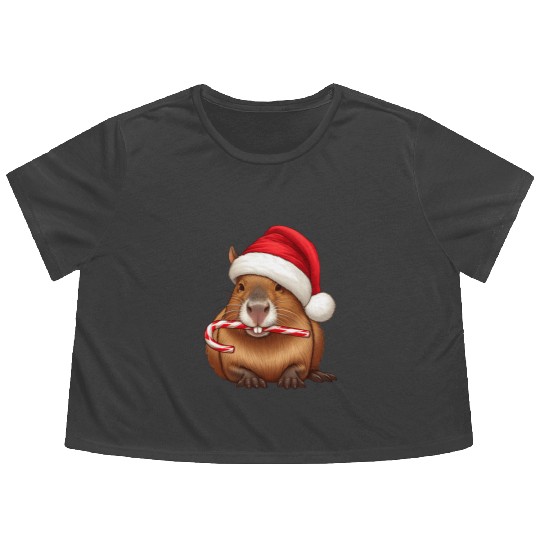 Festive capybara with candy cane Flowy Cropped Tees