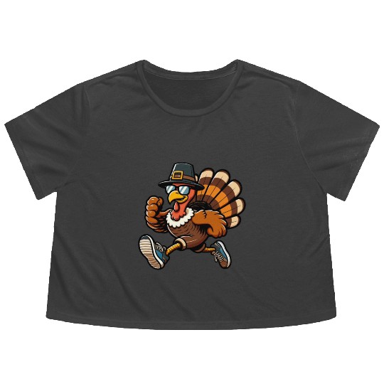 Running Turkey- Turkey Trot Running Thanksgiving Flowy Cropped Tees