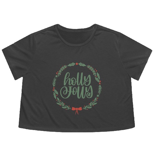 Holly Jolly Sage Green Christmas Wreath Fun Flowy Cropped Tees