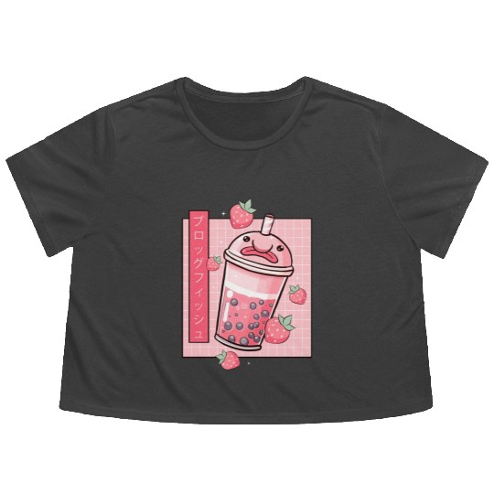 Kawaii Blobfish Japanese Strawberry Boba Flowy Cropped Tees