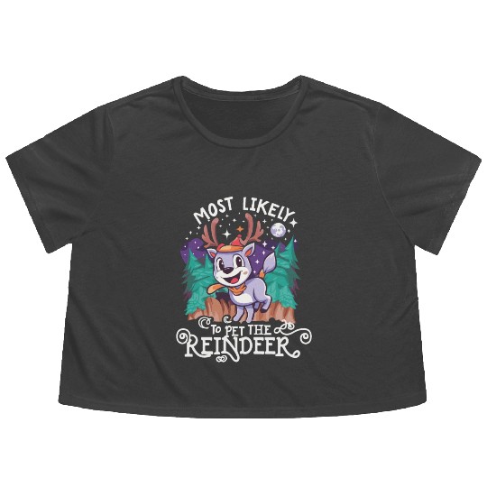 Christmas Most Likely To Pet The Reindeer Santa Flowy Cropped Tees