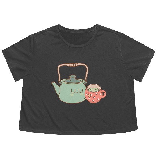 Tea Kettle and Cup of Green Tea Flowy Cropped Tees