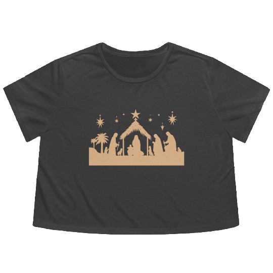 Nativity Scene with Mary Joseph Baby Jesus Flowy Cropped Tees