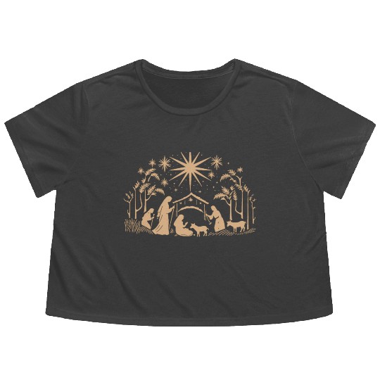 Nativity Scene with Mary Joseph Baby Jesus Flowy Cropped Tees