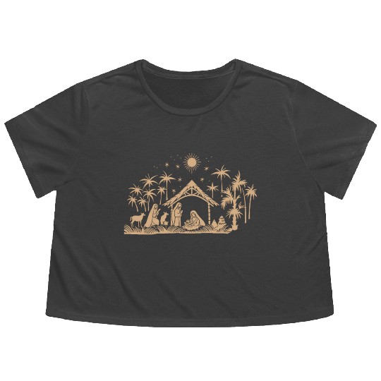Nativity Scene with Mary Joseph Baby Jesus Flowy Cropped Tees