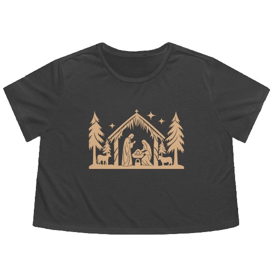 Nativity Scene with Mary Joseph Baby Jesus Flowy Cropped Tees