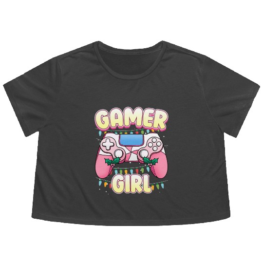 Gamer Girl Pink Controller Christmas Video Game Flowy Cropped Tees
