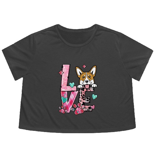 Corgi Dog I Love My Dog Valentines Day Flowy Cropped Tees