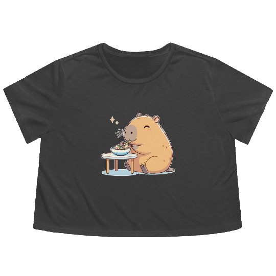 Cute Capybara Eats Ramen Noodles Capybara Ramen Flowy Cropped Tees