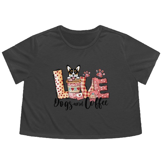 Corgi Dog Coffee Lover Dog Mom Valentines Day Flowy Cropped Tees