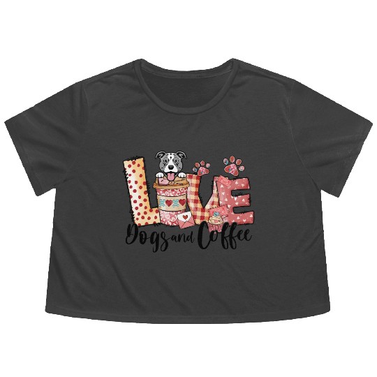 Pitbull Dog Coffee Lover Dog Mom Valentines Day Flowy Cropped Tees