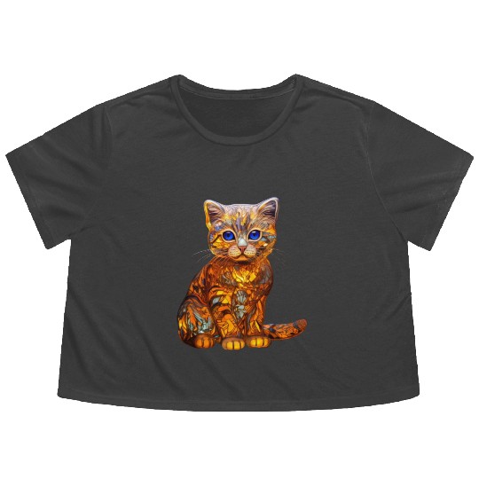 Stained Glass Scottish Fold kitten Flowy Cropped Tees
