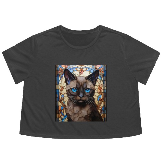 Siamese kitten in stained glass Flowy Cropped Tees