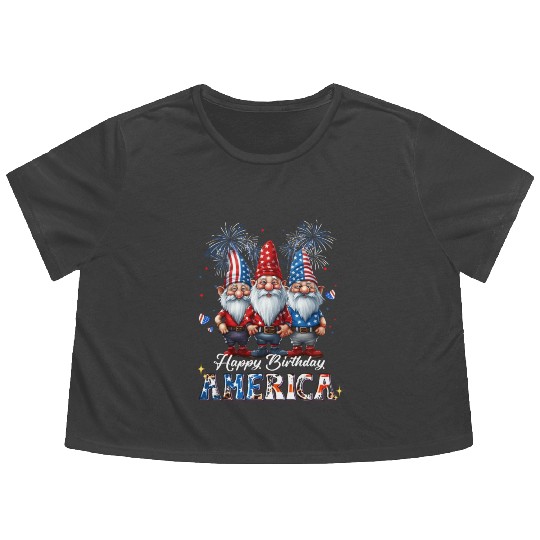 4Th Of July 2023 Usa Patriotic Gnomes Happy Americ Flowy Cropped Tees