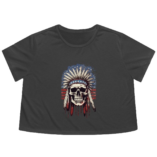 Skull Indian Chief Native American USA Flowy Cropped Tees