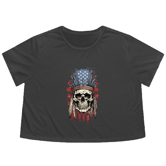Skull Indian Chief Native American USA Flowy Cropped Tees