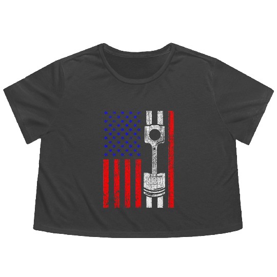 American Flag Piston Muscle Car Patriotic Vintage Flowy Cropped Tees