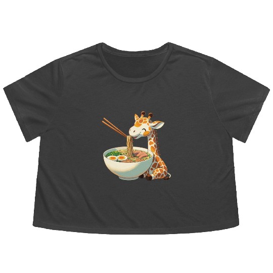 Cute Giraffe Eats Ramen Noodles Giraffe Ramen Flowy Cropped Tees