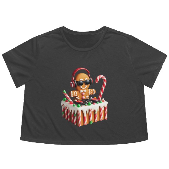 Gingerbread DJ Booth Christmas Holiday Candy Cane Flowy Cropped Tees