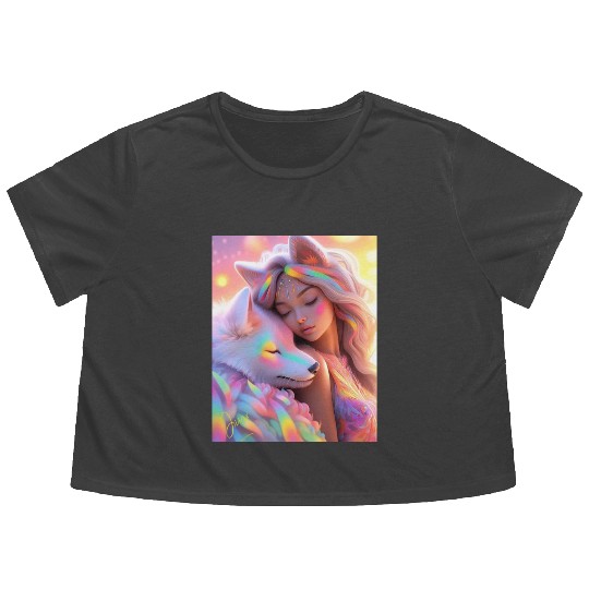 Rainbow Friends - White Wolf and Girl Flowy Cropped Tees