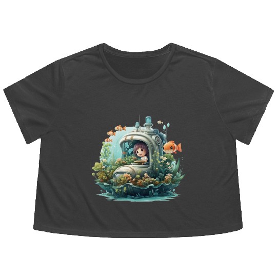 A delightful kawaii book submarine exploring Flowy Cropped Tees