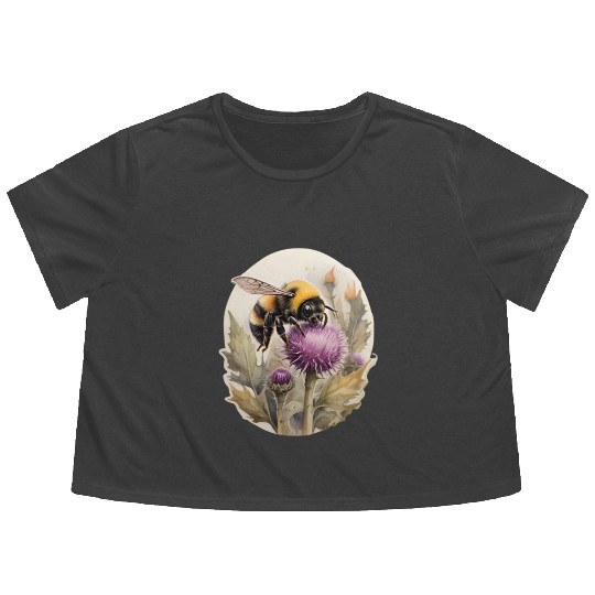 Bumblebee on thistle watercolor Flowy Cropped Tees