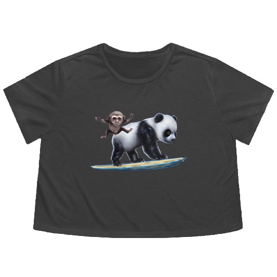 Surfing Panda And Monkey Flowy Cropped Tees
