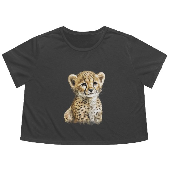 Cheetah Baby Watercolor Painting Portrait Flowy Cropped Tees