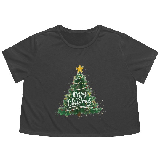 Watercolor Christmas Tree Flowy Cropped Tees