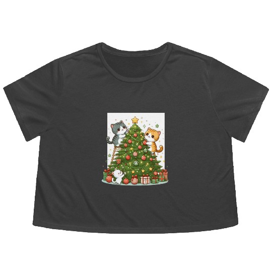 Kittens decorate a Christmas tree Flowy Cropped Tees