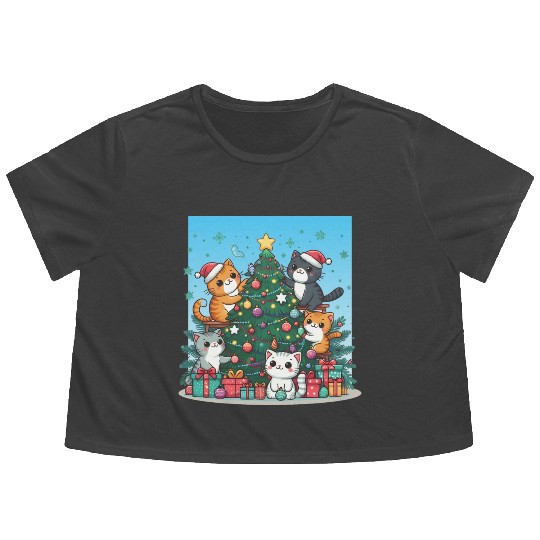 Kittens decorate a Christmas tree Flowy Cropped Tees