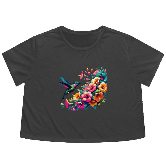 Hummingbird and Hibiscus Blossom Art Flowy Cropped Tees