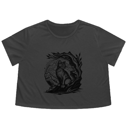Pretty Little Nature Cat In Tattoo Style Flowy Cropped Tees