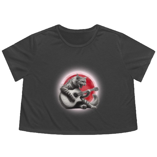 Rock Cat Playing Guitar Flowy Cropped Tees under the red moon