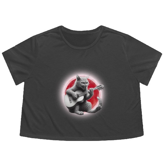 Rock Cat Playing Guitar Flowy Cropped Tees under the red moon