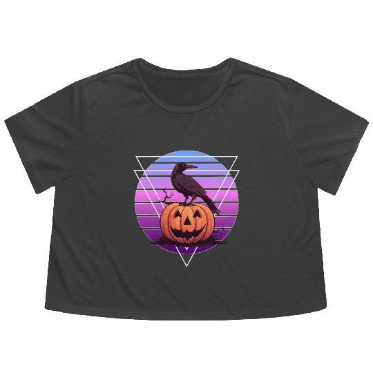 Raven Crow On Pumpkin Vaporwave Halloween Pagan Ae Flowy Cropped Tees