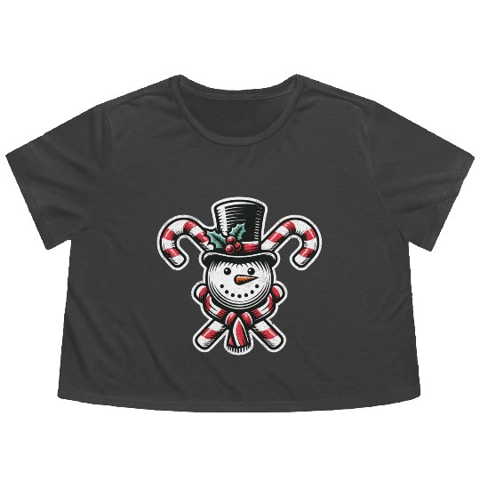 Candy Cane Cheer - snowman with Top Hat design Flowy Cropped Tees
